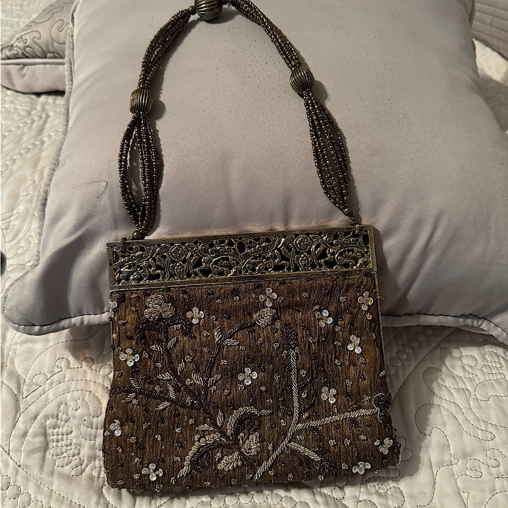 Beaded evening bag  satin lined tan copper
